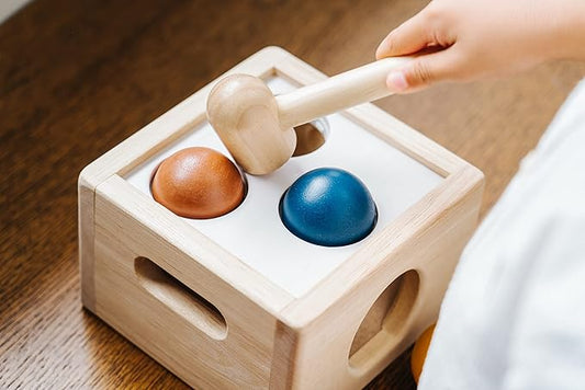 PlanToys® Punch and Drop Wooden Montessori Fine Motor and Cause and Effect Toy in Orchard Shade | Early Coordination and Tactile Learning Activity | Eco Friendly Hammer and Ball Set