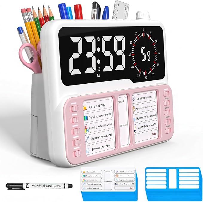 7-in-1 Visual ADHD Timer for Kids with Chore Chart Board, ADHD Tools Schedule for Kids with Autism, Alarm, Countdown, Date, Temperature, Storage, Daily Checklist for Home/School/Classroom/Desk(Pink) by Nisuez