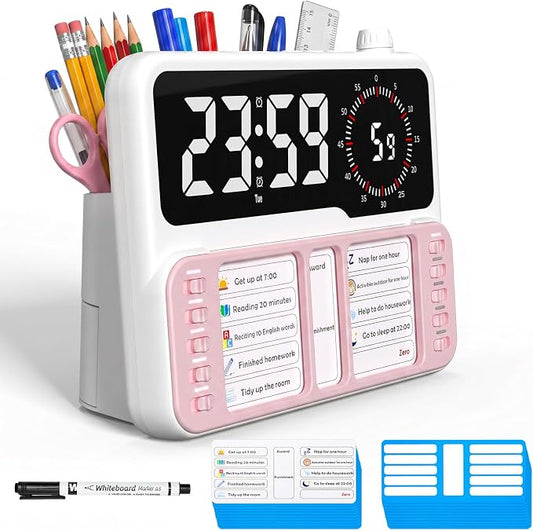 7-in-1 Visual ADHD Timer for Kids with Chore Chart Board, ADHD Tools Schedule for Kids with Autism, Alarm, Countdown, Date, Temperature, Storage, Daily Checklist for Home/School/Classroom/Desk(Pink) by Nisuez