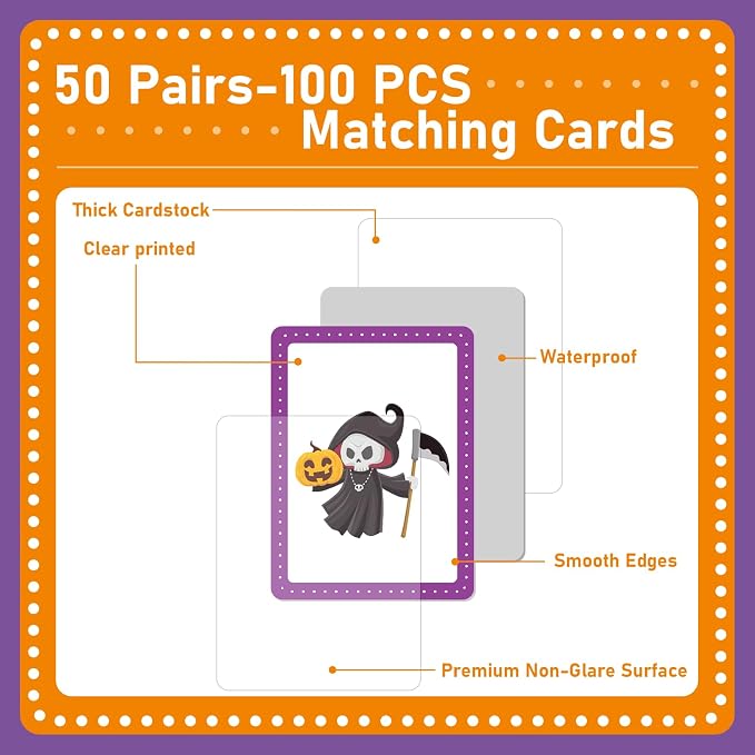 gisgfim 100 PCS Memory Matching Game Happy Halloween Concentration Memory Games Card for Kids Educational Ages 3-8 A Fun & Fast Halloween Theme Matching Games - Image 3