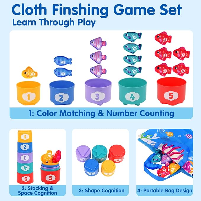 Montessori Toys for 1 Year Old: Cloth Fishing Game with Stacking Cups - Image 2