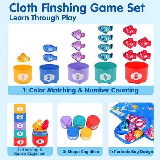 Montessori Toys for 1 Year Old: Cloth Fishing Game with Stacking Cups - Image 2