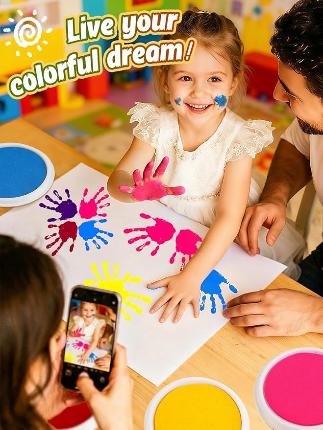 Large Washable Ink Pads for Kids - 7" Ink Pad for Handprint Footprint Toddler Finger Paint, 8 Vibrant Colors Stamp Pad Set for Card Making/Preschool Crafts/Birthday Gifts