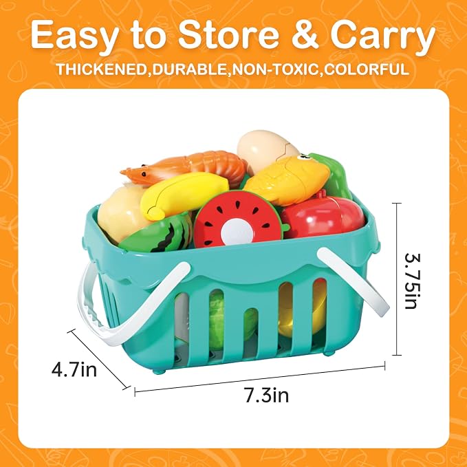 130Pcs Kitchen Playset, Toddler Pretend Cooking Play Pots, Pans, Utensils Cookware, Daily Food Fruit Veges, Shopping Storage Basket, Dessert, Prop Money, Learning Gift for Child (Turquoise) - Image 9