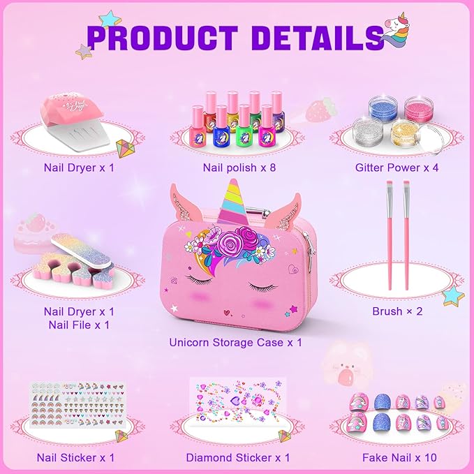 Kids Nail Polish Set for Girls, Non-Toxic Quick Dry Nail Art Salon Kit with Nail Dryer and Peelable Nail Polish,Ideal Gift Toys for Girls Age 6-12
