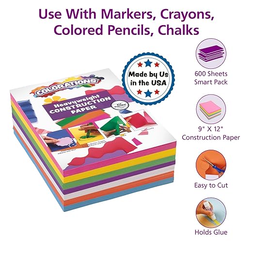 Colorations Construction Paper for Kids - 7 Bright Colors - 600 Bulk Sheets of 9"X12" - Assorted Pack of Heavy-Duty Craft Paper, Bulk School Supplies