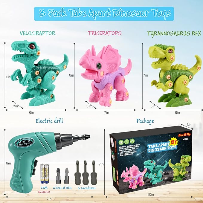 FREE TO FLY Dinosaur Toys for 3 4 5 6 Years Old Girls, Take Apart Dinosaur Learning Toys for Kids 3-5 5-7, STEM Building Construction Set with Electric Drill, Birthday Ideas - Image 6