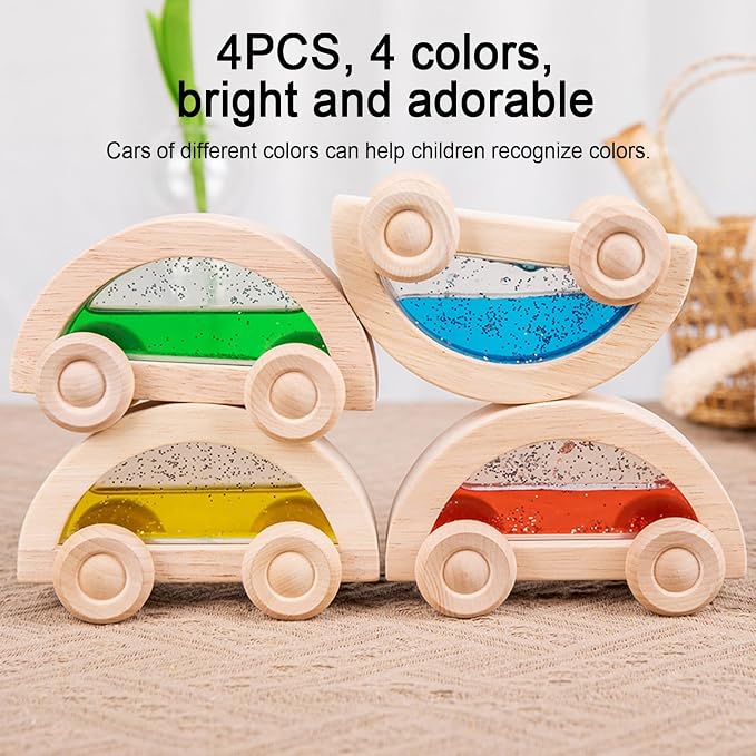 Dinhon Wooden Acrylic Water Glitter Car Toys for Toddlers 2-4, 4 Pack Colorful Sensory Water-Filled Cars, Montessori Toy Set for Boys Girls, Acrylic Rainbow Building Block Matching Products - Image 3
