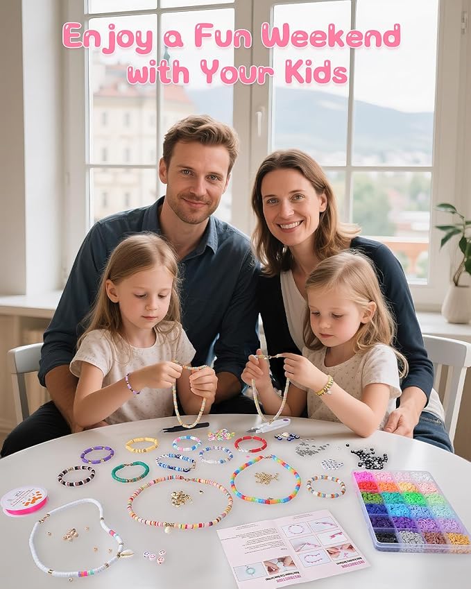 Clay Beads 2 Boxes 24 Colors Bracelet Making Kit, Round Letter Beads with Charm and Elastic Strings, Friendship Bracelets Holiday Gifts for Girls Adults