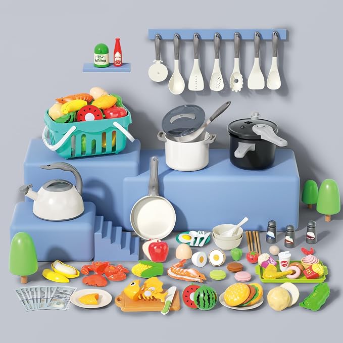 130Pcs Kitchen Playset, Toddler Pretend Cooking Play Pots, Pans, Utensils Cookware, Daily Food Fruit Veges, Shopping Storage Basket, Dessert, Prop Money, Learning Gift for Child (White) - Image 3