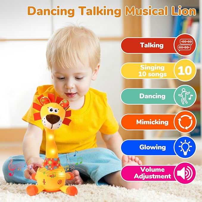 Dancing Talking Lion Plush Toy, Interactive Mimicking Recording Repeating Lion Stuffed Animal, Singing 10 Children's Songs, Tummy Time Light Up Toy for Toddlers 1-3 Years, Forest Birthday Party Gifts