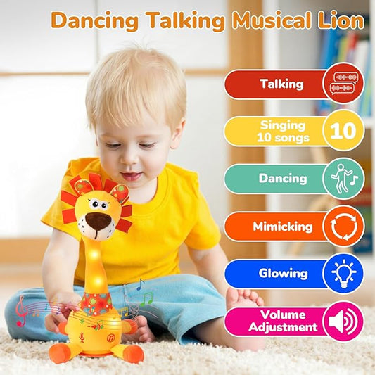 Dancing Talking Lion Plush Toy, Interactive Mimicking Recording Repeating Lion Stuffed Animal, Singing 10 Children's Songs, Tummy Time Light Up Toy for Toddlers 1-3 Years, Forest Birthday Party Gifts