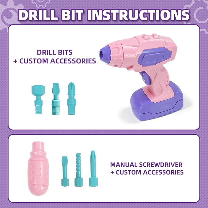 VEAIS Pink Kids Tool Set for Girls,Tool Set with Drill &Toolbox,STEM Montessori Toys for 3 4 5 Year Old,Pretend Play Kid Toy,Educational Construction Toy for 3-6 Year Old Girl,Birthday Gift for Kids - Image 3