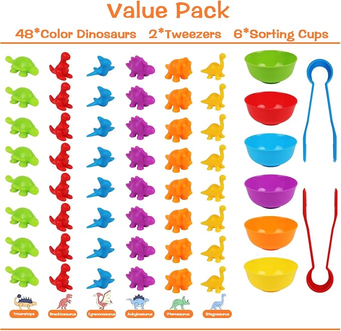 LOKIPA Counting Dinosaurs Toys Matching Game with Rainbow Sorting Cups, Color Sorting Set Preschool Learning Activities Education Toys for Toddlers Kids Ages 3 Years and Up - Image 2