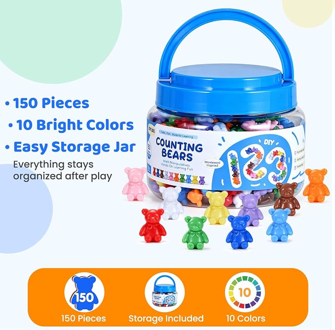 ZYFLSQ 150 PCS Counting Bears Set, 10 Color Sorting Bears Learning Toys for Preschoolers, 1 Inch Stackable Bear Counters for Kids Ages 3+, Montessori-Inspired Math Manipulatives for Classroom & Home - Image 6