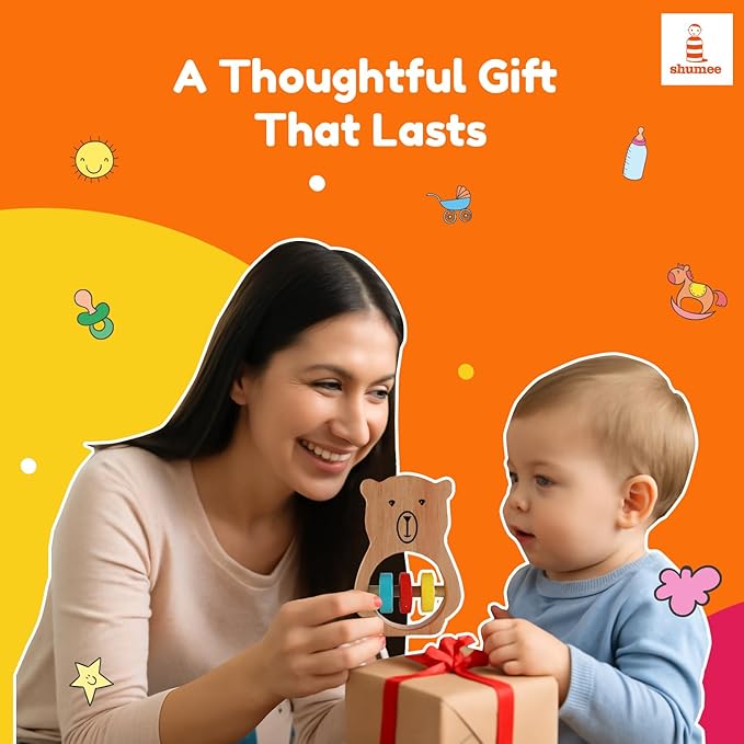 Shumee Wooden Baby Bear Rattle & Teether Wooden Montessori Toy For Babies (0-6 Months), Lightweight & Safe Enhances Grasping Wooden Rattle For Baby. Smooth Edges Sustainable Certified 100% Child Safe.