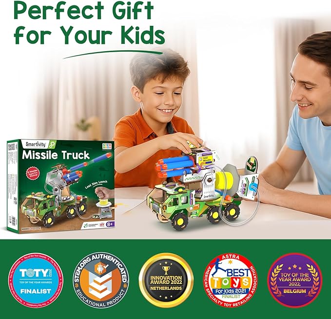 Smartivity DIY Military Vehicle for Kids | Missile Truck with Rotating Launcher | Best Birthday Gift for Boys&Girls | STEM Educational Toy with Air-Powered Missiles for 8,9,10,11,12,13,14 Years