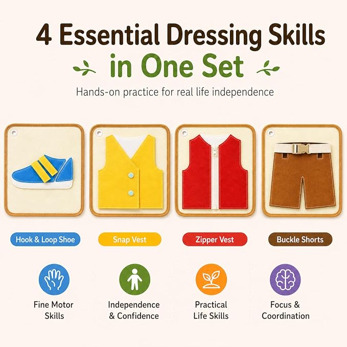 Felt Activity Board Set – Dressing Skills 4 Pieces Montessori-Inspired Ages 3+ | Snap Vest, Zipper Vest, Buckled Shorts & Hook and Loop Shoe | Fine Motor Practical Life Toy with Ring for Preschoolers - Image 2