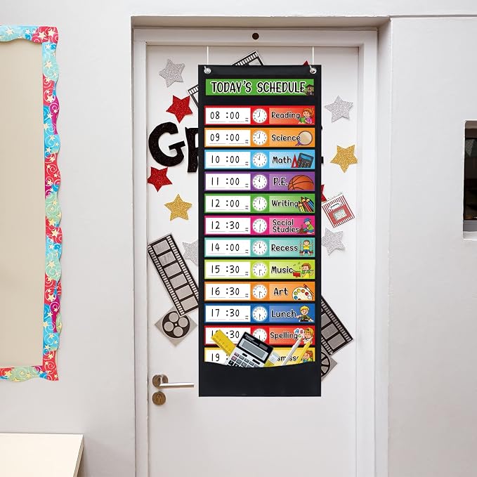 Daily Schedule Pocket Chart Kit,40 Bright Attractive Double-Sided Reusable Erasable Cards,1 Title Card,13+1 Scheduling Pocket Chart with 2 Hangers for Classroom Office Home Preschool Learning (Black) - Image 9