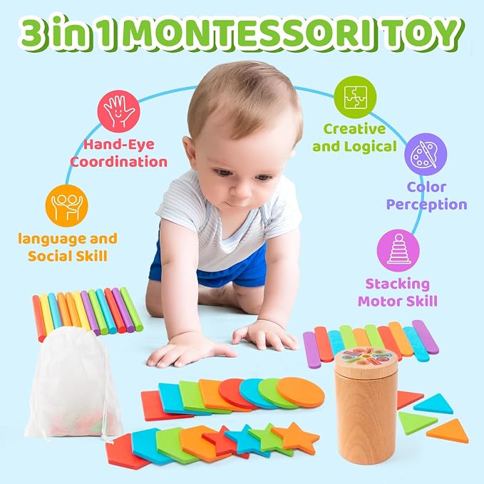 Montessori Wooden Toddler Toys， 3-in-1 Fine Motor Skills Learning Set ，Educational Color Sorting Sensory Toys for 3+ Year ， Teaches Object Permanence & Cause-Effect ，Gifts for Boys & Girls - Image 5