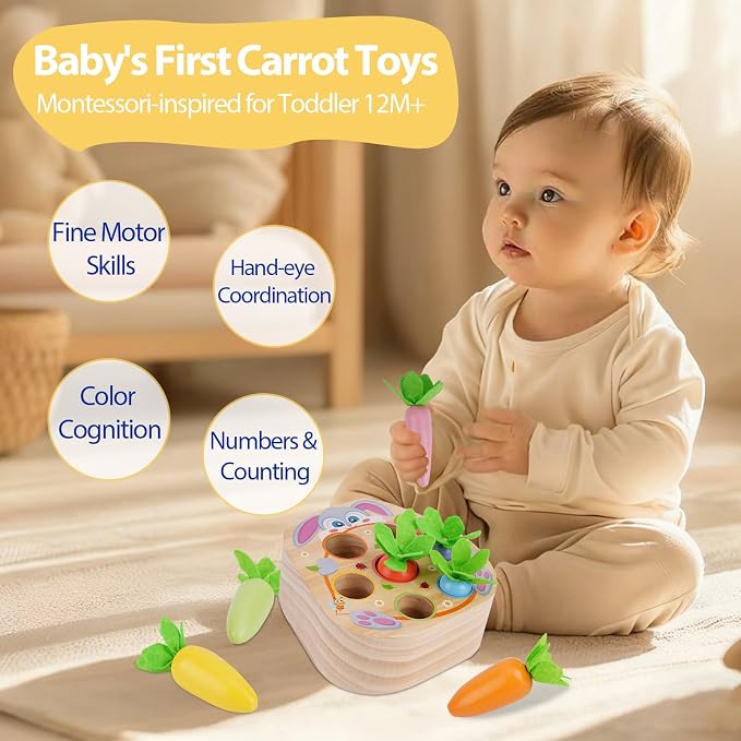 Montessori Toys for 2 3 Year Old Toddlers | Wooden Carrot Harvest Game - Image 2
