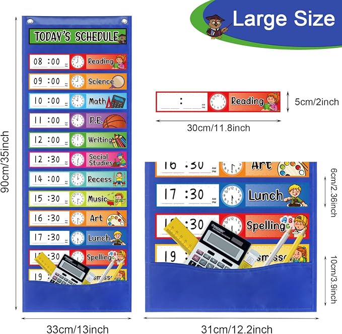 Daily Schedule Pocket Chart Kit,40 Bright Attractive Double-Sided Reusable Erasable Cards,1 Title Card,13+1 Scheduling Pocket Chart with 2 Hangers for Classroom Office Home Preschool Learning (Blue) - Image 4