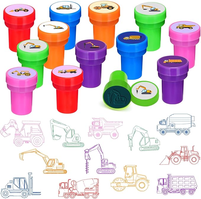 Cinrobiye 24 PCS Construction Vehicle Stampers，Truck Party Supplies, Birthday Goodie Bag Fillers, Classroom Rewards, Carnival Prizes, Pinata Gifts for Boys Girls