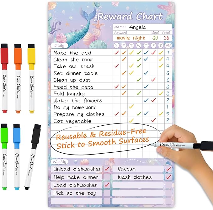 Clever Clean Dry Erase Chore Chart for Kids, Reusable Reward Chart, Non-Magnetic Kids Chore Board Clings to Any Smooth Surfaces, 6 Dry Erase Markers Included (Mermaid) by CleverClean