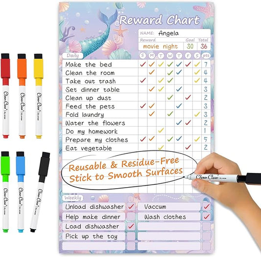 Clever Clean Dry Erase Chore Chart for Kids, Reusable Reward Chart, Non-Magnetic Kids Chore Board Clings to Any Smooth Surfaces, 6 Dry Erase Markers Included (Mermaid) by CleverClean