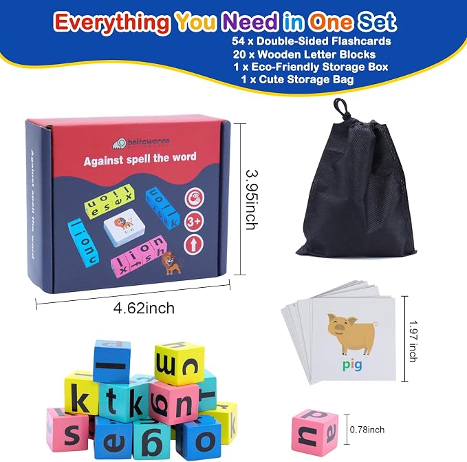 Spelling Games for Kids Ages 3-8, Learn to Read Phonics & Word Building Game with 40 Flash Cards, 16 Wooden Letter Blocks for Screen-Free Family Fun & Preschool Classroom Learning - Image 4