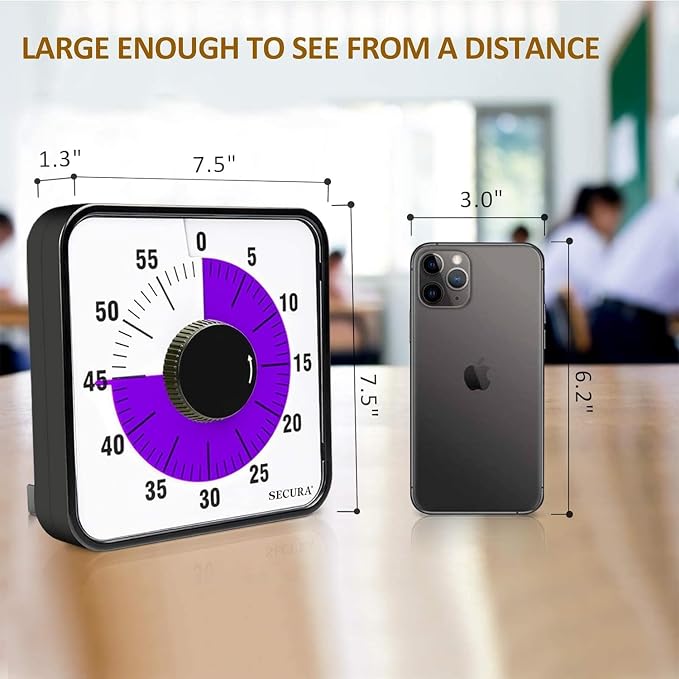 Secura 60-Minute Visual Countdown Timer, 7.5-Inch Oversize Classroom Visual Timer for Kids and Adults, Durable Mechanical Kitchen Timer Clock with Magnetic Backing (Purple) - Image 4