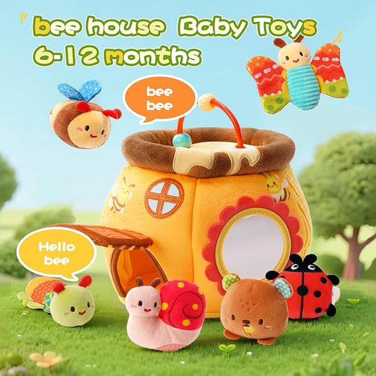 Koty Baby Toys 0-6 Months,Bee House Sensory Toy, Interactive Plush Beehive wtih rattles, queaker, Mirror, Busy Montessori Soft Toys for Toddlers 0-3,Development Toy for Infants 6-12 Months