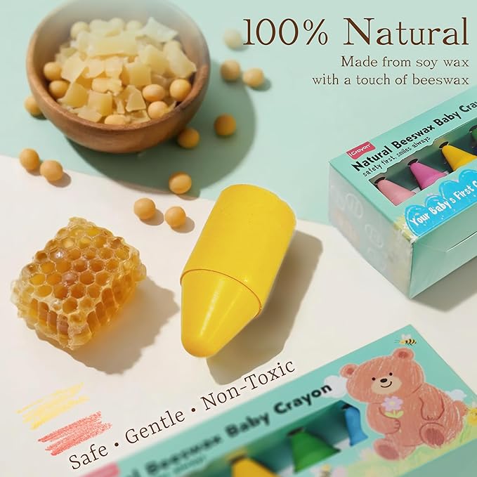 Soy & Beeswax Baby Crayons for Toddlers Age 2+, 12 Colors Thick Easy-Grip Natural Crayons, Non-Toxic Safe Unbreakable Toddler Drawing Set