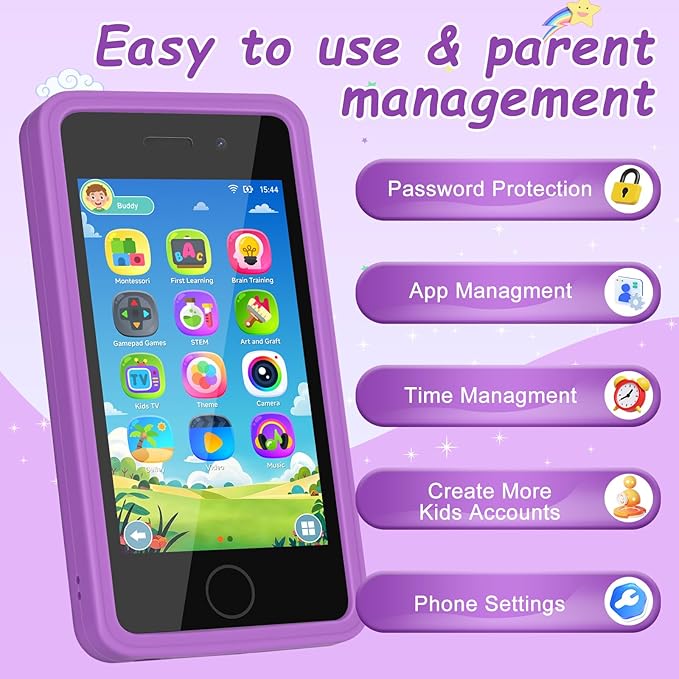 3.97" Touchscreen Kids Toys Smart Phone, Kids Phone with Games & Dual Camera, Toddler Toys Phone, Boys and Girls Learning Toy Phone for 3-9 Years Old (Purple)