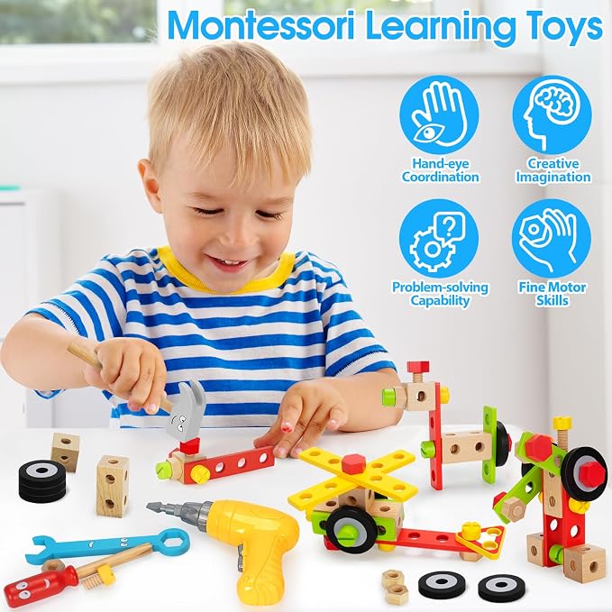 Kids Tool Set Toy with Drill, Stem Montessori Toys for 3 4 5 Years Old Boy Girl, 44 Pcs Wooden Toddler Tool Kits Inc Box, Learning Educational Construction Toy - Image 5