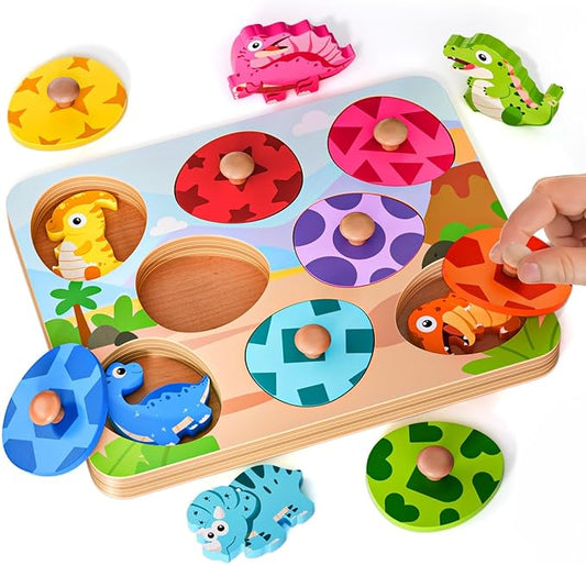 Wooden Puzzles for Toddlers 1-3, Montessori Toys for 1 2 Year Old Boy Christmas Birthday Gifts, Dinosaur Matching Eggs Peg Puzzles for Toddlers Age 2-4, Preschool Learning Activities for Girls