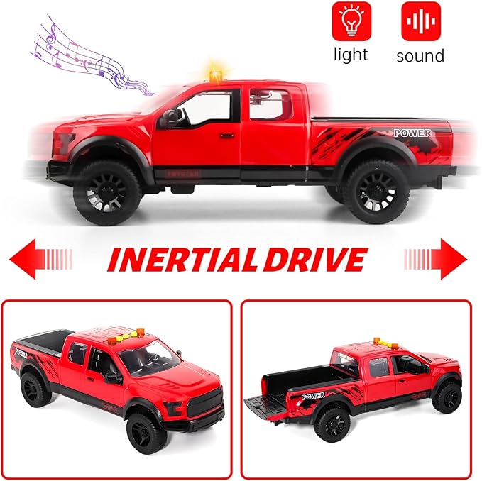 Red Pickup Truck Toy with Lights and Sound Effects, Featuring Doors That Open, Toy Cars Gifts for 3+ Year Old Kids. (Red Pickup)