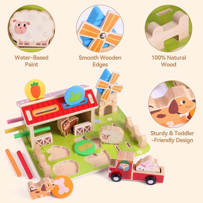 FIIOEOY Wooden Montessori Toys, Farm Animal Barn for Toddlers 1-3 Year Old - Image 3