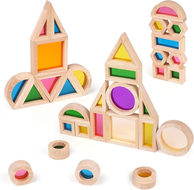 Agirlgle Wooden Rainbow Building Blocks for Kids 32 Pcs Rainbow Stacker Stacking Blocks Game Colorful Construction Toys Preschool Learning Educational Toys -Geometry Wooden Blocks for Boys & Girls - Image 5