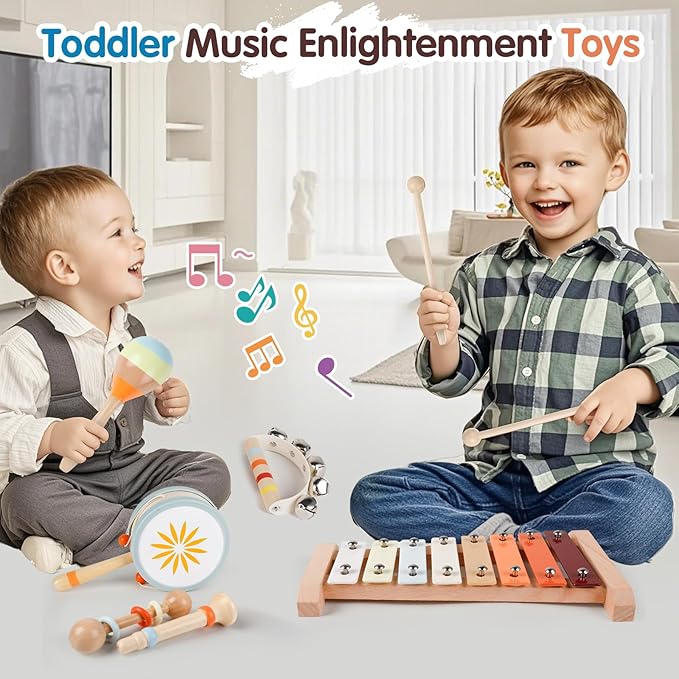 Wooden Toddler Musical Instruments Set, 9PCS Kids Montessori Toys, Baby Toys with Xylophone & Drum, Educational Gift for Ages 1, 2, 3 Year Olds