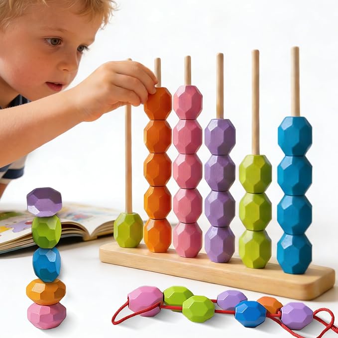 4-in-1 Wooden Bead Sequencing Sorting Toy for Toddler 3+ by TXTLDB