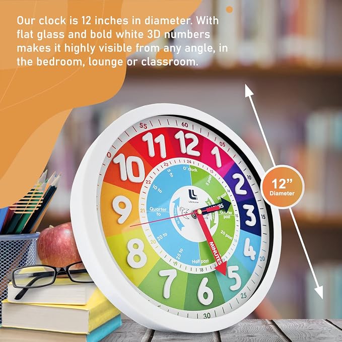 3D Kids Colorful Learning Wall Clock - Easy to Read - Telling Time Teaching Clock for Kids - Classroom Bedroom Wall Decor - Silent Analog Kids Clock for Homeschool, Playrooms, Nursery (12 inch) - Image 3