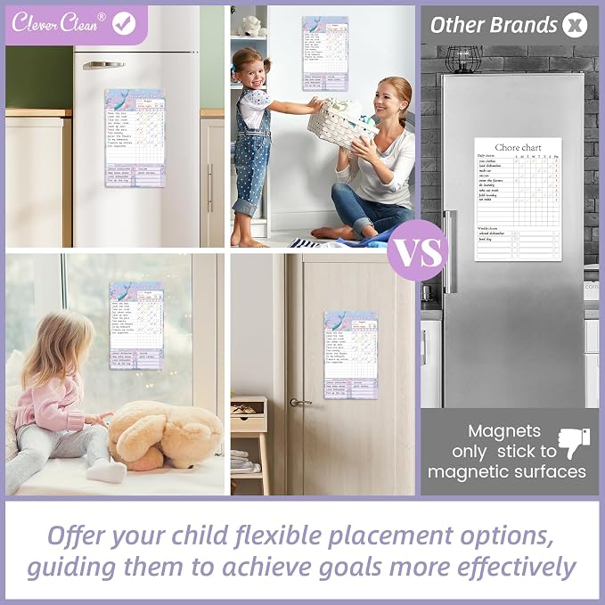 Clever Clean Dry Erase Chore Chart for Kids, Reusable Reward Chart, Non-Magnetic Kids Chore Board Clings to Any Smooth Surfaces, 6 Dry Erase Markers Included (Mermaid) - Image 2
