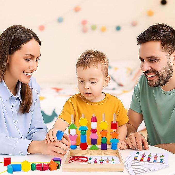 LovesTown Beads Sequencing Toy, Wooden Shape Stacking, 8 Cards, Frame - Image 2