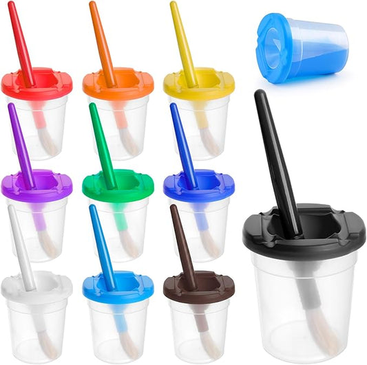 Mkobon 10 PCS No Spill Paint Cups with Colored Lids and Brushes for Kids, Spill Proof Paint Brush Cleaner Cup, Toddler Water Cups for Painting, Arts and Crafts Supplies, for Acrylic Paint, Watercolor