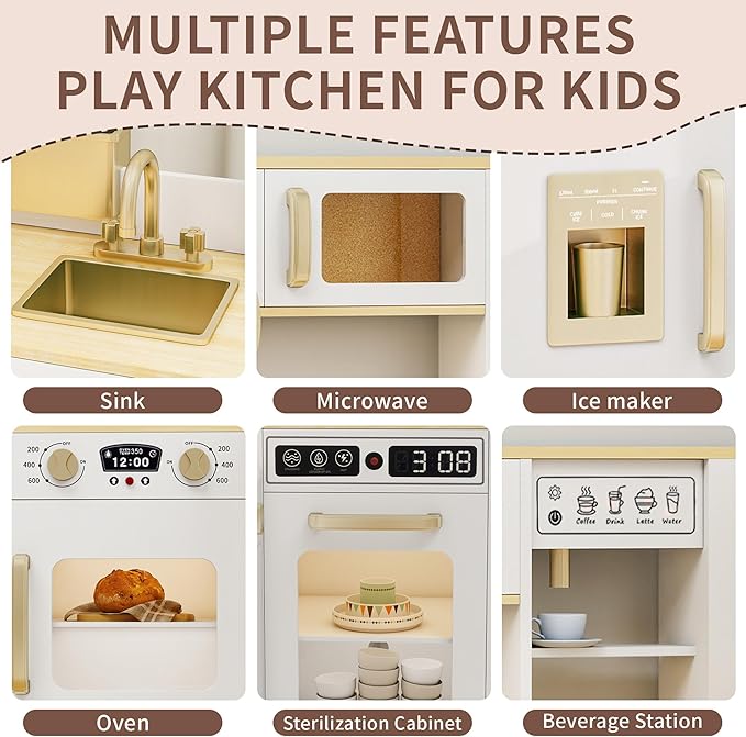 Kids Kitchen Playset with Lights & Sounds, Wooden Corner Play Kitchen with Sink,Oven, Ice Maker & Pretend Play Accessories, Educational Toy Kitchen Set for Toddlers, White