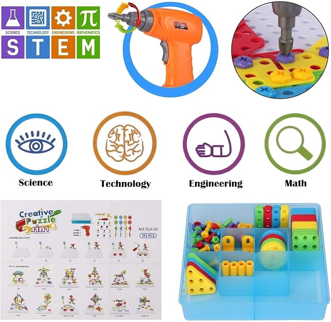 STEM Drill & Build Kit for Kids Ages 3-8 | Electric Toy Drill with 193+ Pieces (Screws, Nuts, Rainbow Fasteners) | Creative Design Construction Toys for Boys Girls | Gift for Birthdays, Christmas - Image 7