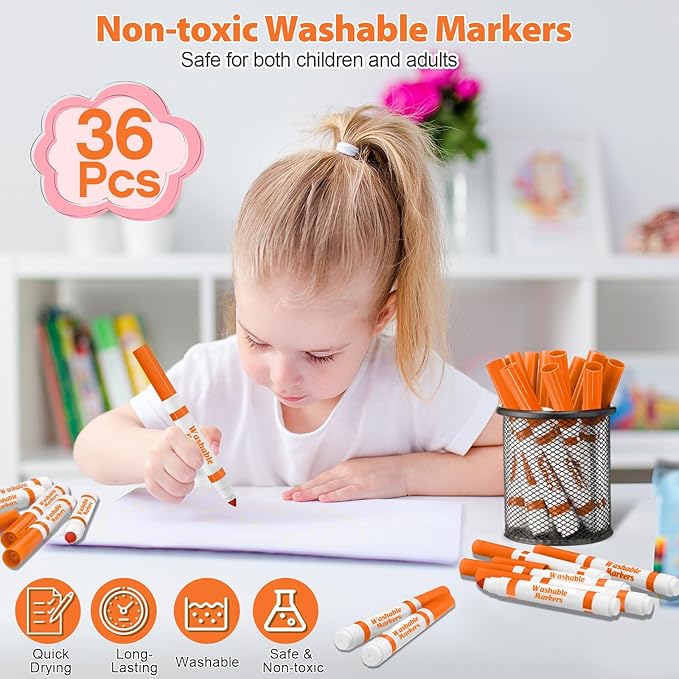 Janlaugh 36 Pcs Orange Washable Markers Bulk Coloring Broad Line Markers for Kids Conical Tip Drawing Pen for Christmas, School Supplies, Travel Art Baby Shower Gender Reveal Party Supplies, Ages 6+