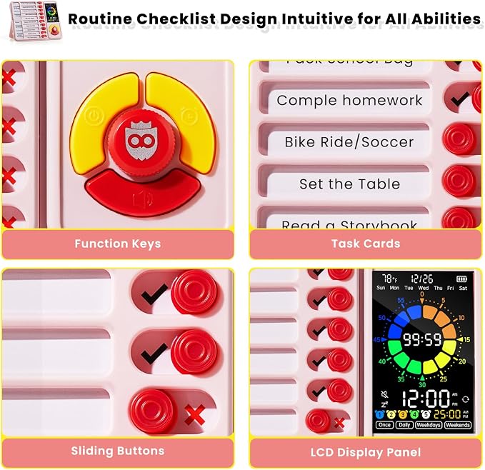 ADHD Tool for Kids, 5-in-1 Visual Timer with Chore Chart Board, Visual Schedule for Kids, 12/24 Task Timer with 99'59'' Countdown/Countup, 5 Alarms, Silent Operation Visual Schedule for Autism - Pink - Image 5
