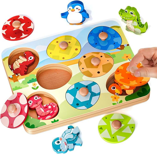 Wooden Puzzles for Toddlers 1-3, Baby Puzzle 12-18 Months, Montessori Toys for 1 Year Old Boys Girls Christmas Birthday Gifts, Animal Peg Puzzles for Toddlers 2-4, Preschool Learning Activities